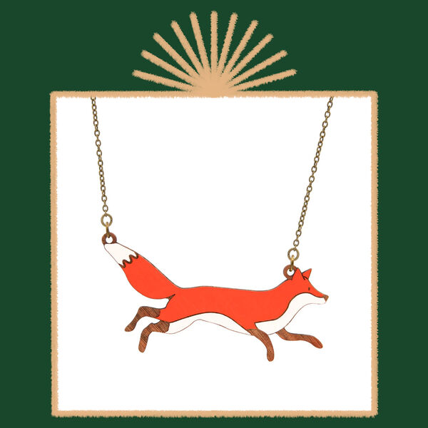 Necklace with wooden pendant of a red fox