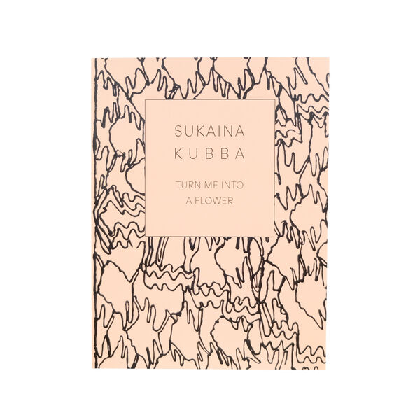 Front cover of Sukaina Kubba's publication Turn Me Into a Flower. The soft cover is peach with a black abstract pattern taken from an artwork by Kubba