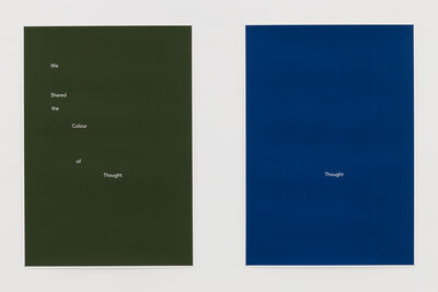 two prints with small white writing sit side by side one in green the other in blue