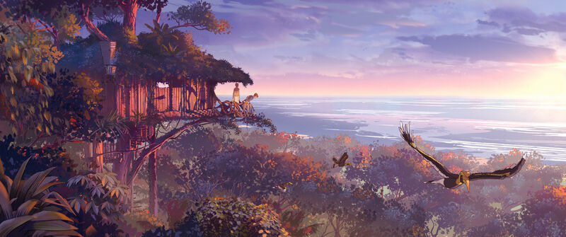 Animation still: a bamboo treehouse on a beautiful Pacific island