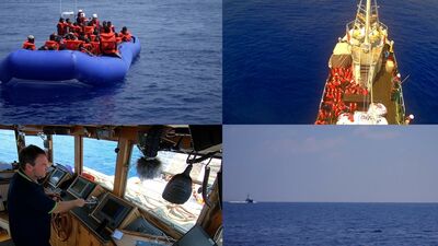 Four images show different scenes from a sea rescue - a large group of people in red life jackets on a dinghy, the same people on a fishing boat, a person at the controls of a boat, and a boat on a blue sea on the horizon.