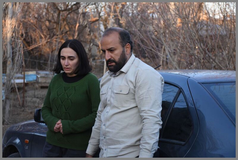 A man and woman lean on the side of a car, looking worried