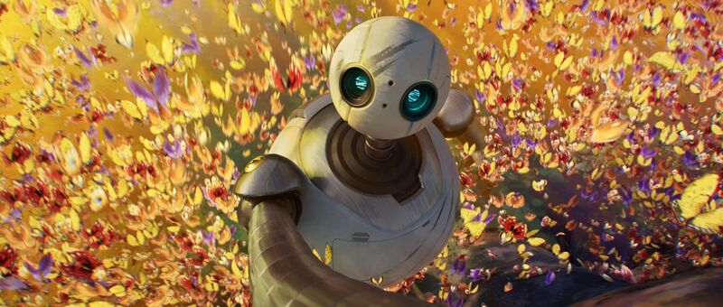 A robot with a circular head and blue eyes stands in a flowery field surrounded by butterflies.