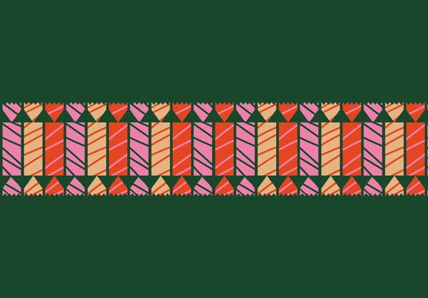 Row of illustrated Christmas crackers on a green background