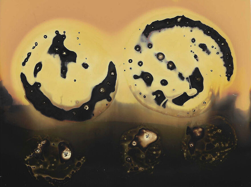 Chemigram with yellow circles and black details