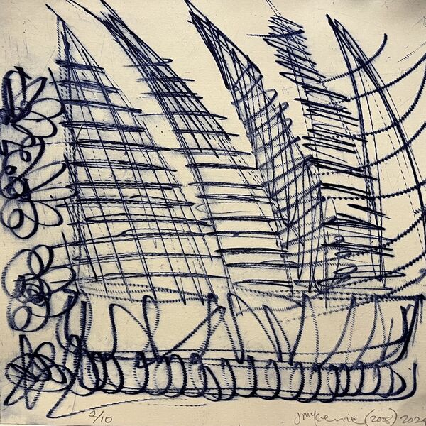 Drypoint etching of a boat by Janet McKenzie