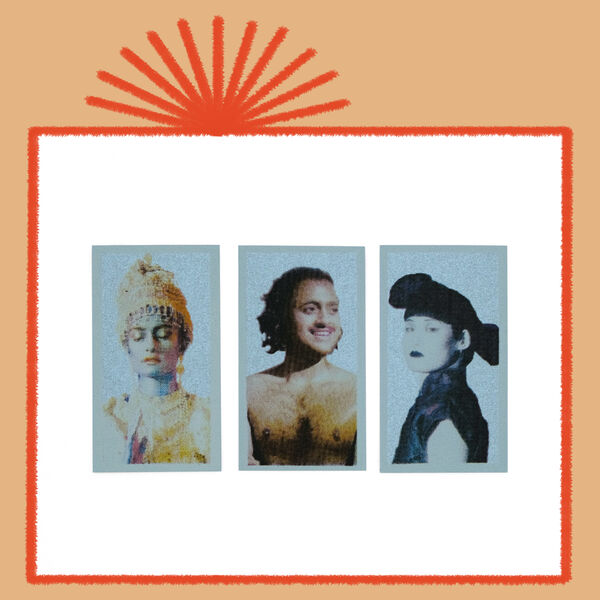 Three small prints in the style of cigarette cards, depicting characters from Michelle Williams Gamaker's film Thieves