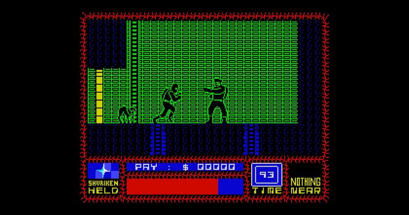 A screenshot of the game Saboteur on the ZX Spectrum, which shows two people fighting one another on an 8-bit screen.