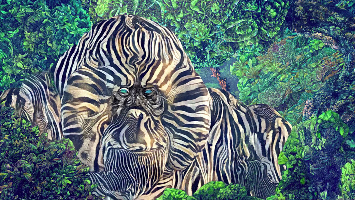 A psychedelic image of an orangutang with zebra stripes.