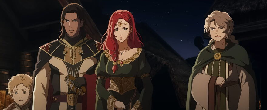 A still from an anime film shows four people dressed in medieval clothes, with long cloaks on.