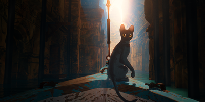 An animated still shows a black cat sitting on the end of a boat, going through a narrow city canal.