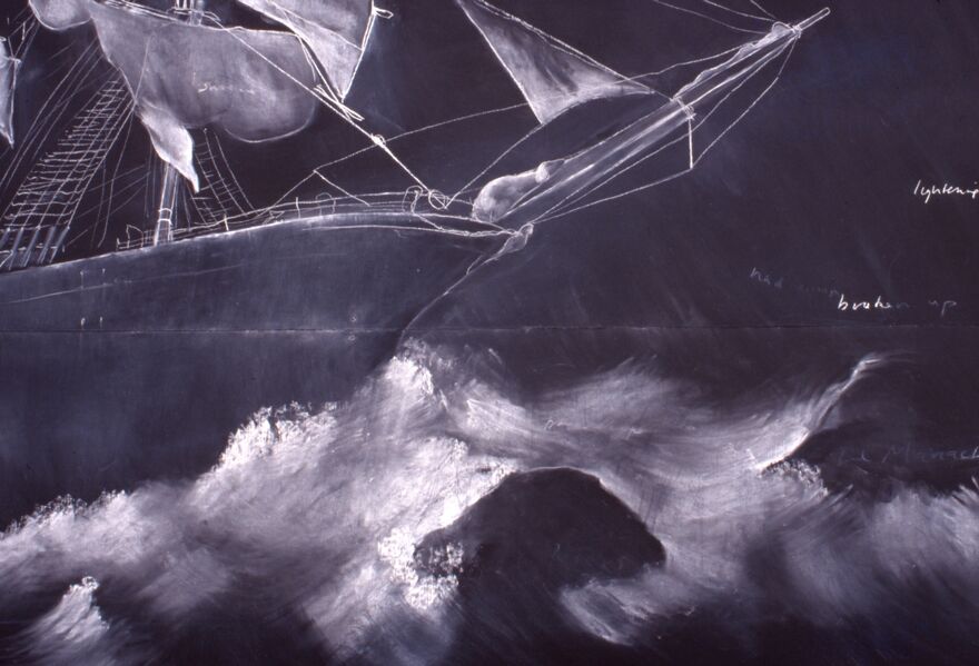 A chalk drawing - a black background, with a large white sailboat drawn on it with chalk.