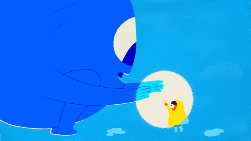 An animation still of a large blue bob playing with a small child wearing a yellow raincoat.